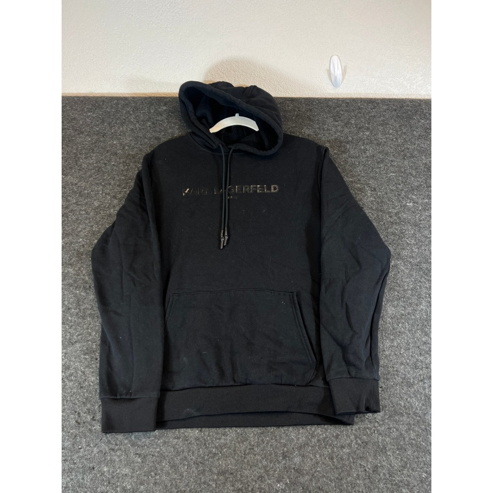Karl Lagerfeld Paris Mens Black Metallic Logo Pullover Hoodie Medium Casual
